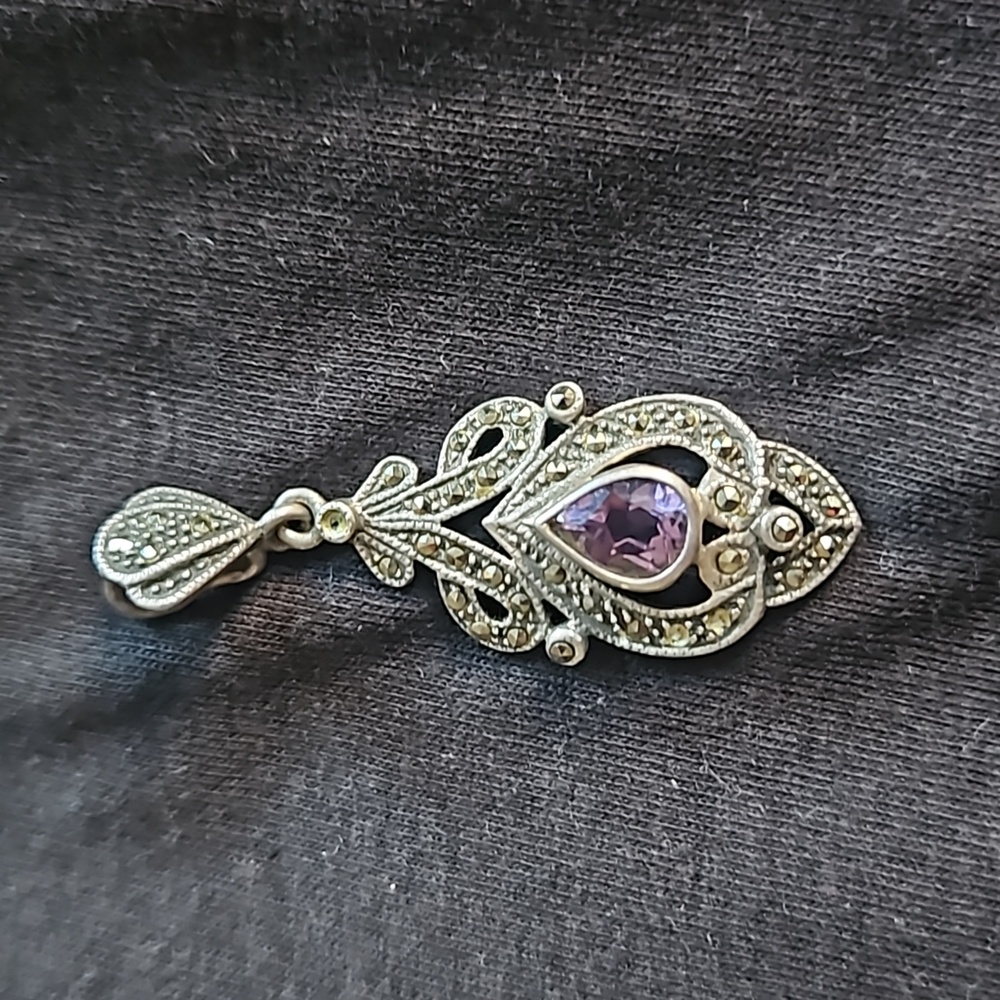 Vintage sterling silver retro marcasite 1.75" pendant with teardrop amethyst - Picture 2 of 8